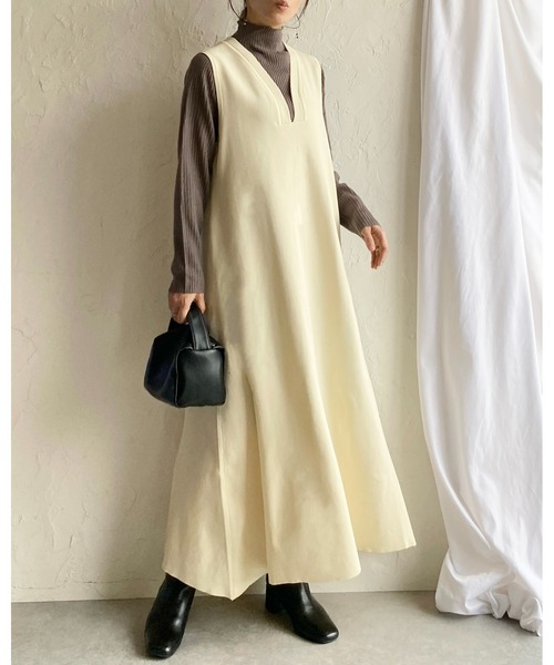 タートレネックニットスリムドレスロングスカートワンピース She's Closet ワンピース 深Vネックノースリーブロング丈Aライン