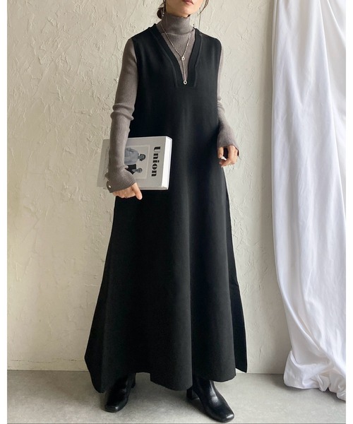 Ｖネック Ａライン ニットワンピース メッシュフレア ゆったり She's Closet ワンピース 深Vネックノースリーブロング丈Aライン