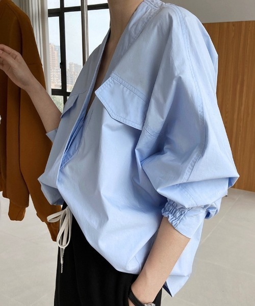ブラウス シャツ オーバーサイズ ノーカラー Vネックシャツ レディース