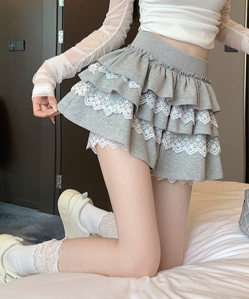 SHEENA スカート レース×スウェットティアードフリルミニ