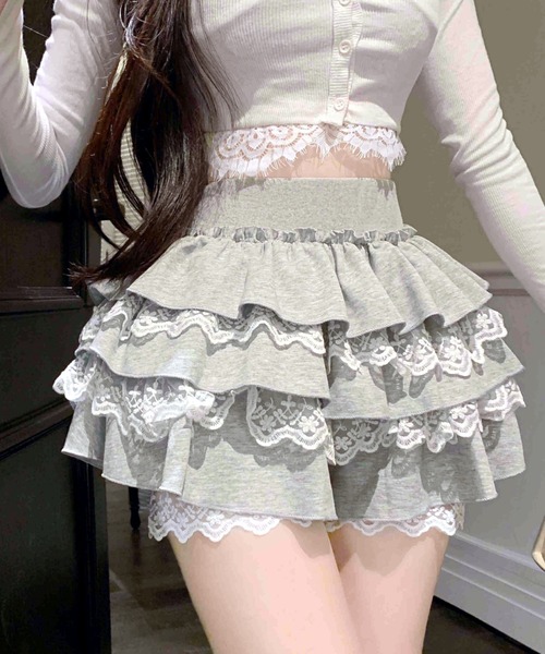 SHEENA スカート レース×スウェットティアードフリルミニ