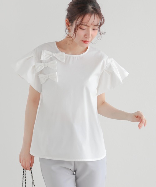 Fit more（フィットモア） フリルスリーブリボントップス レディース