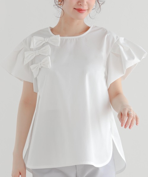 Fit more（フィットモア） フリルスリーブリボントップス レディース