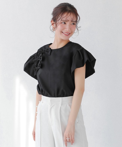 Fit more（フィットモア） フリルスリーブリボントップス レディース