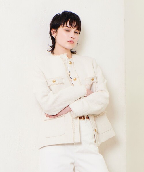 allureville アイボリー ツィードノーカラージャケット フリンジ仕上げ allureville ジャケット ノーカラージャケット リバーダブル