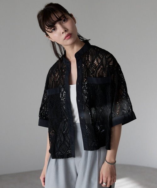 ブラウス シャツ Gather sleeve lace blouse レディース Lace Ladies ブラウス シャツ 長袖立ち襟フリル無地ブラウス