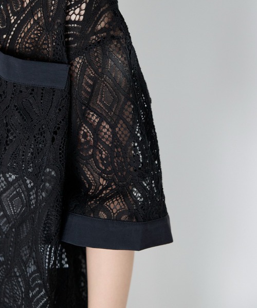 ブラウス シャツ Cropped lace shirt バンドカラークロップドレースシャツ レディースの画像