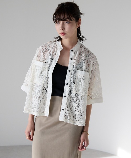 ブラウス シャツ Cropped lace shirt バンドカラークロップドレースシャツ レディースの画像