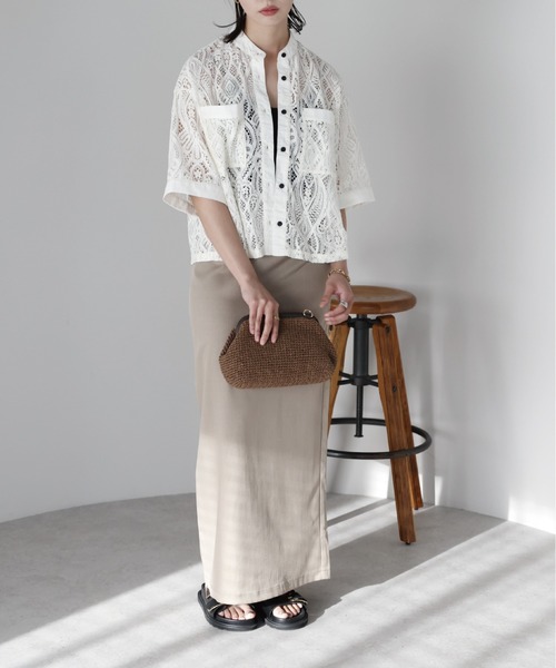 MORABITO★美品★バンドカラーレースブラウス SOTT ブラウス シャツ 夏 半袖 Cropped lace shirt バンドカラー