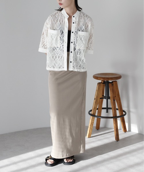 SOTT ブラウス シャツ 夏 半袖 Cropped lace shirt バンドカラー