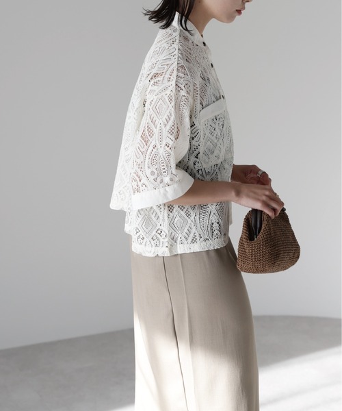 SOTT ブラウス シャツ 夏 半袖 Cropped lace shirt バンドカラー