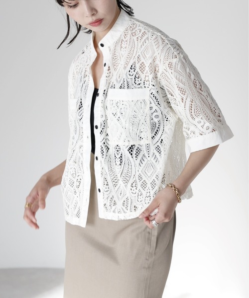 SOTT ブラウス シャツ 夏 半袖 Cropped lace shirt バンドカラー