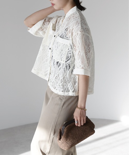 SOTT ブラウス シャツ 夏 半袖 Cropped lace shirt バンドカラー