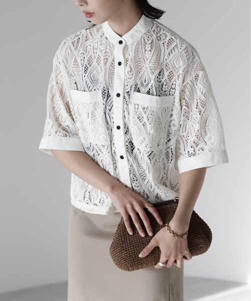 SOTT ブラウス シャツ 夏 半袖 Cropped lace shirt バンドカラー