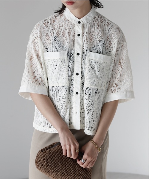 SOTT ブラウス シャツ 夏 半袖 Cropped lace shirt バンドカラー