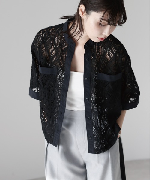 MORABITO★美品★バンドカラーレースブラウス SOTT ブラウス シャツ 夏 半袖 Cropped lace shirt バンドカラー