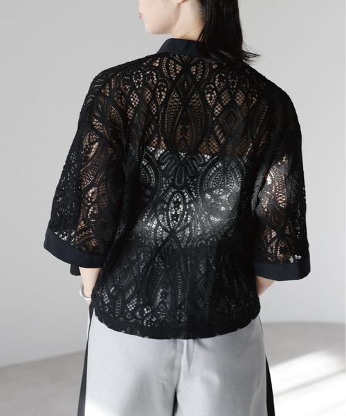 SOTT ブラウス シャツ 夏 半袖 Cropped lace shirt バンドカラー