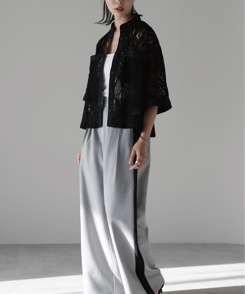 SOTT ブラウス シャツ 夏 半袖 Cropped lace shirt バンドカラー