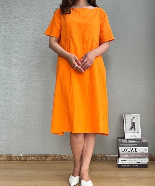 MYLAN オレンジ チュニック　マイラン　夏服　ワンピース　リゾート　美品 ワンピース 半袖 一枚で夏服が可愛くなるミモレ丈リゾートワンピース