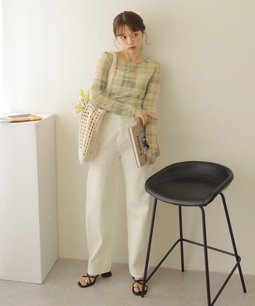 tシャツ check sheer tops /シアーチェックトップス レディース