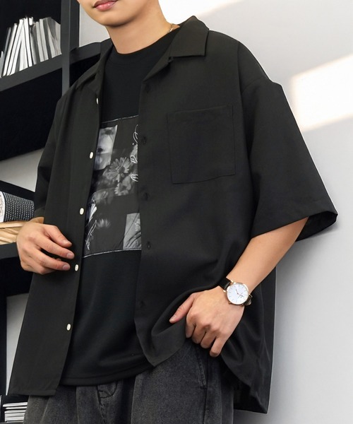 七分袖 シャツ ワイド 開襟 無地 切替 ハーフスリーブ メンズ
