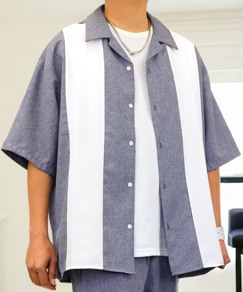 七分袖 シャツ ワイド 開襟 無地 切替 ハーフスリーブ メンズ