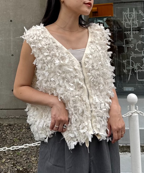 ベスト ジレ リボンフリンジZIPベスト レディース