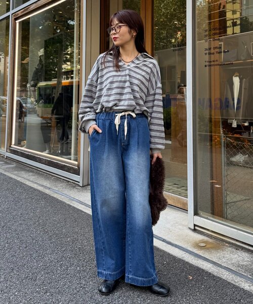 ワイドパンツ ジーンズ デニム デニムパンツ 「5サイズ展開/低身長・高身長対応」デイリーイージーワイドデニム レディースの画像
