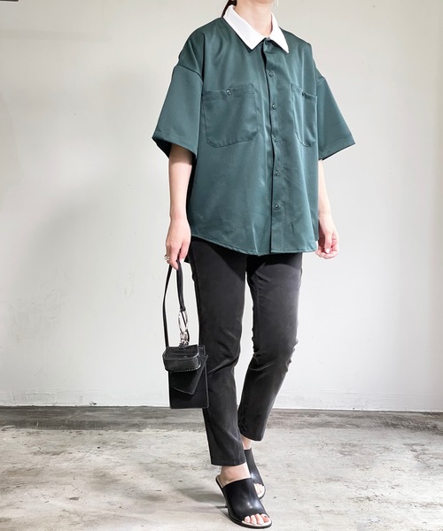 「COMMON WARE」 「HALHAM」半袖シャツ M グリーン レディース_画像6
