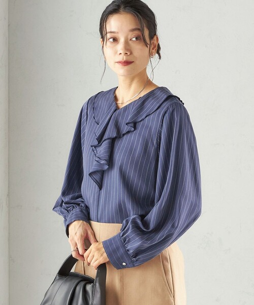美品 シップス フリルデザインブラウス ストライプ 長袖 ネイビー 完売 希少 SHIPS（シップス） ブラウス シャツ 「手洗い可能」フィブリル