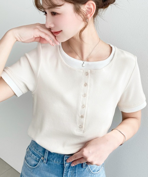 moment+ tシャツ リブカットソーレイヤード風ヘンリー半袖Tシャツ