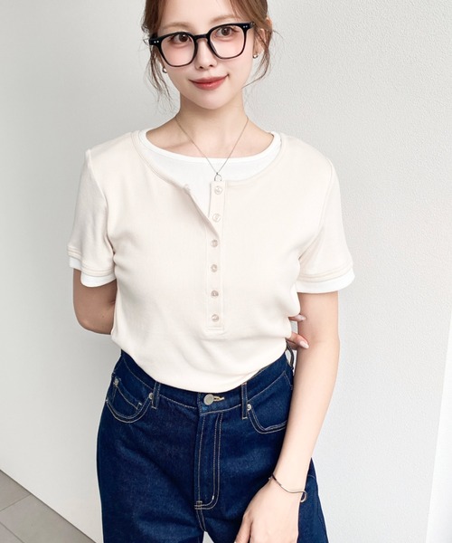 moment+ tシャツ 半袖 リブカットソーレイヤード風ヘンリー半袖Tシャツ