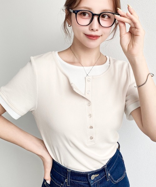 moment+ tシャツ 半袖 リブカットソーレイヤード風ヘンリー半袖Tシャツ