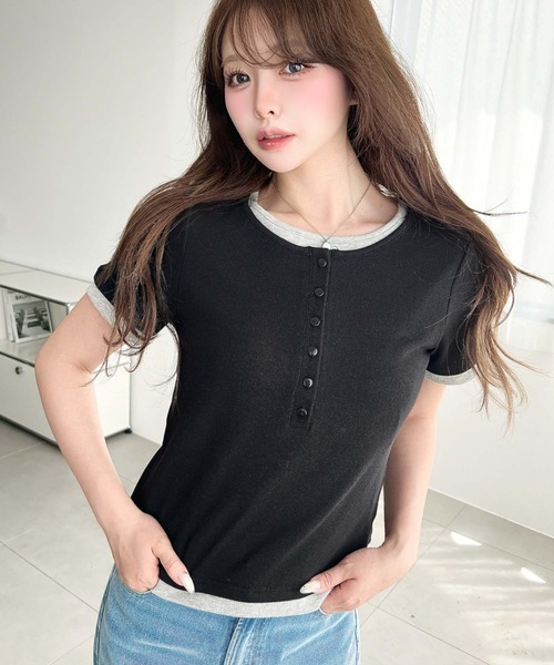 moment+ tシャツ 半袖 リブカットソーレイヤード風ヘンリー半袖Tシャツ