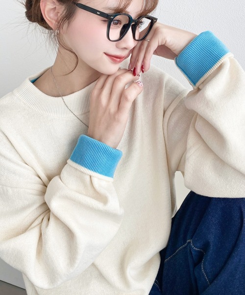 moment+ ニット セーター リブ裏配色バイカラークルーネックSSニット