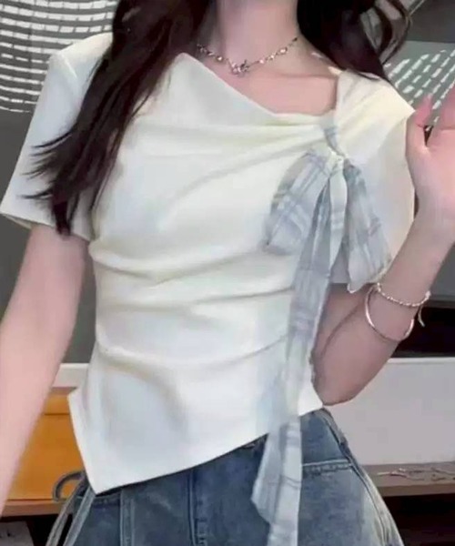 SpRay（スプレイ） tシャツ チェックリボン付ドレープトップス 