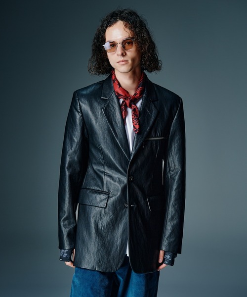 ジャケット・アウター glamb glamb(グラム)】Synth Leather Hooded Track Jacket シンセレザー