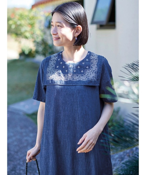 「Sunny clouds」 半袖ワンピース MEDIUM インディゴブルー レディース_画像3