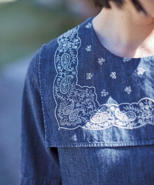 「Sunny clouds」 半袖ワンピース MEDIUM インディゴブルー レディース_画像4