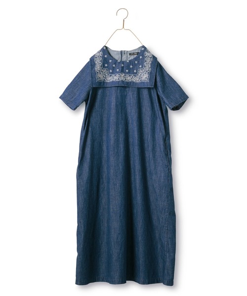 「Sunny clouds」 半袖ワンピース MEDIUM インディゴブルー レディース_画像6