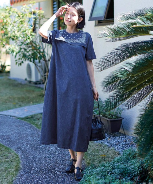 「Sunny clouds」 半袖ワンピース MEDIUM インディゴブルー レディース_画像8