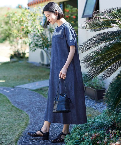 「Sunny clouds」 半袖ワンピース MEDIUM インディゴブルー レディース_画像9