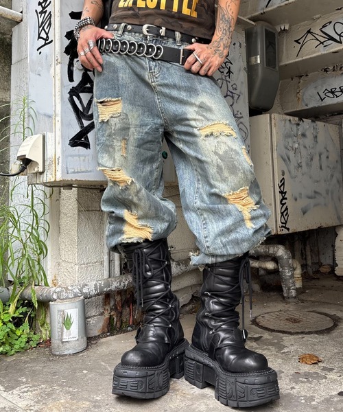 ワイドパンツ ジーンズ 「Never mind the XU」paint damage denim