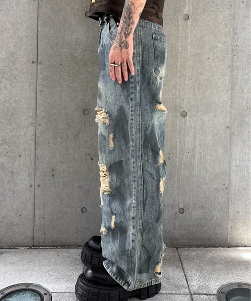 ワイドパンツ ジーンズ 「Never mind the XU」paint damage denim 
