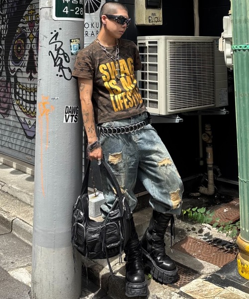 ワイドパンツ ジーンズ 「Never mind the XU」paint damage denim 