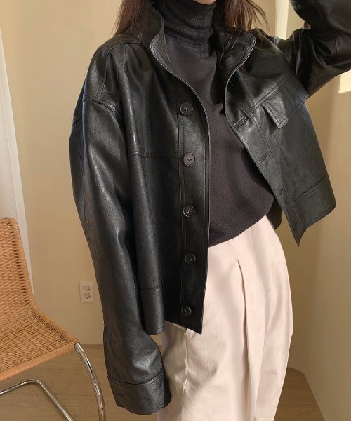 soerte スタンドカラーフェイクレザージャケット soerte（ソエルテ）の「Stand collar leather jacket（renewal