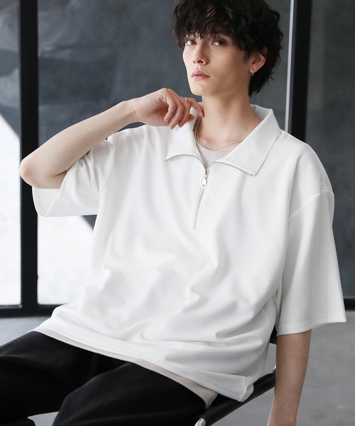 tシャツ 梨地ハーフジップ 半袖プルオーバー メンズ レディース