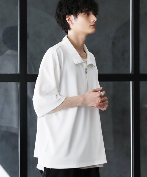 tシャツ 梨地ハーフジップ 半袖プルオーバー メンズ レディース