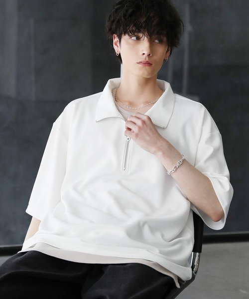 tシャツ 梨地ハーフジップ 半袖プルオーバー メンズ レディース