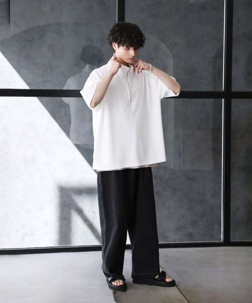 tシャツ 梨地ハーフジップ 半袖プルオーバー メンズ レディース